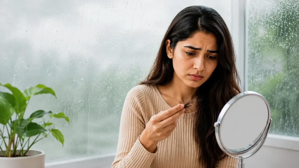 Young women worried and checking her hair fall