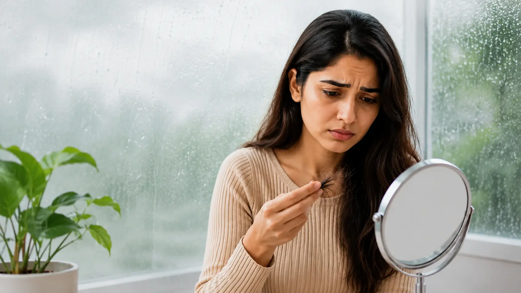 Young women worried and checking her hair fall